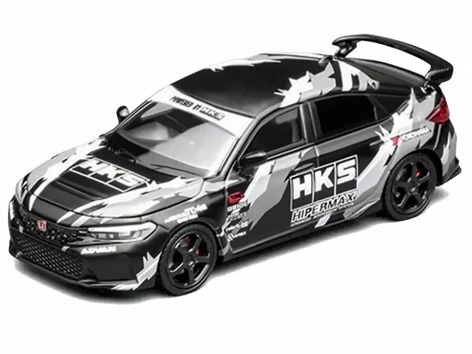 Honda Civic Type R (FL5) RHD (Right Hand Drive) "HKS" Matt Black with Graphics 1/64 Diecast Model Car by MotorHelix