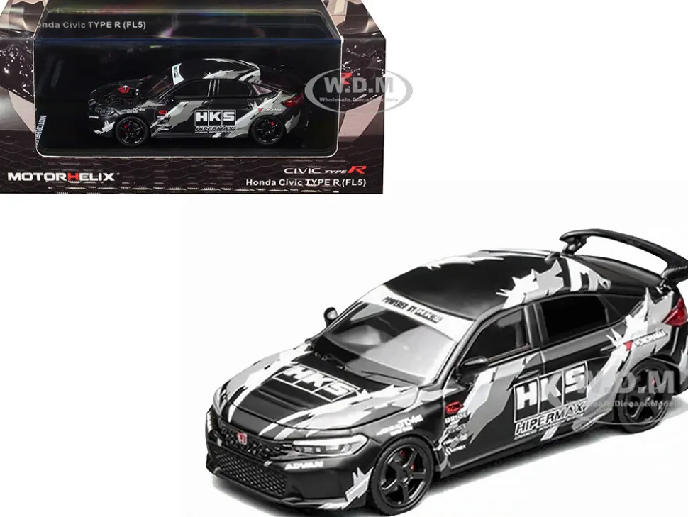 Honda Civic Type R (FL5) RHD (Right Hand Drive) "HKS" Matt Black with Graphics 1/64 Diecast Model Car by MotorHelix