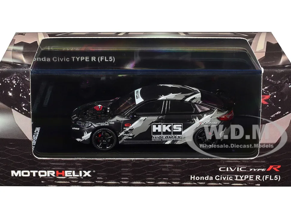 Honda Civic Type R (FL5) RHD (Right Hand Drive) "HKS" Matt Black with Graphics 1/64 Diecast Model Car by MotorHelix