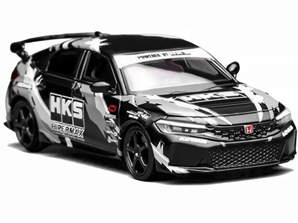 Honda Civic Type R (FL5) RHD (Right Hand Drive) "HKS" Matt Black with Graphics 1/64 Diecast Model Car by MotorHelix