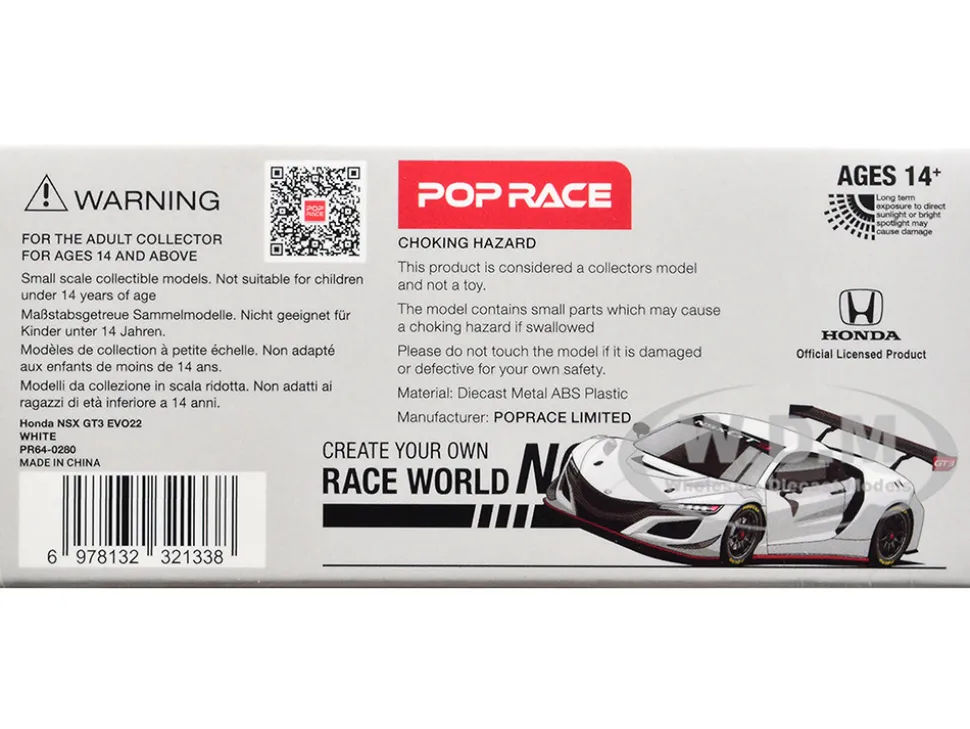 Honda NSX GT3 EVO22 White 1/64 Diecast Model Car by Pop Race