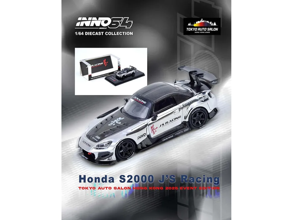 Honda S2000 RHD (Right Hand Drive) "J's Racing" Chrome Silver with Carbon Hood and Top with Graphics "Tokyo Auto Salon Hong Kong 2025 Event Edition" 1/64 Diecast Model Car by Inno Models