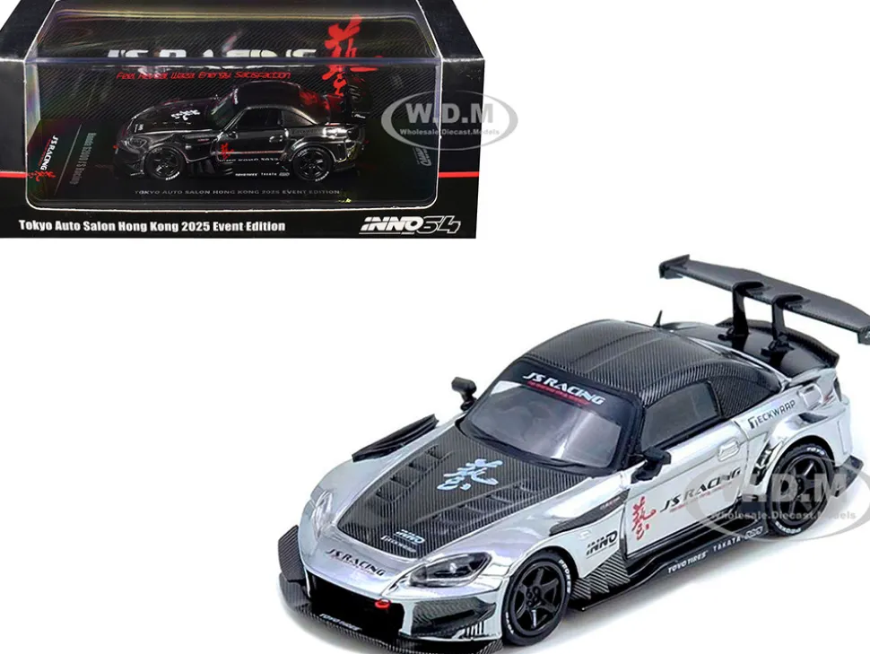 Honda S2000 RHD (Right Hand Drive) "J's Racing" Chrome Silver with Carbon Hood and Top with Graphics "Tokyo Auto Salon Hong Kong 2025 Event Edition" 1/64 Diecast Model Car by Inno Models