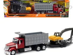 International Lonestar Dump Truck Red and Tracked Excavator Yellow with Flatbed Trailer Long Haul Truckers Series 1/43 Diecast Model New Ray 16623