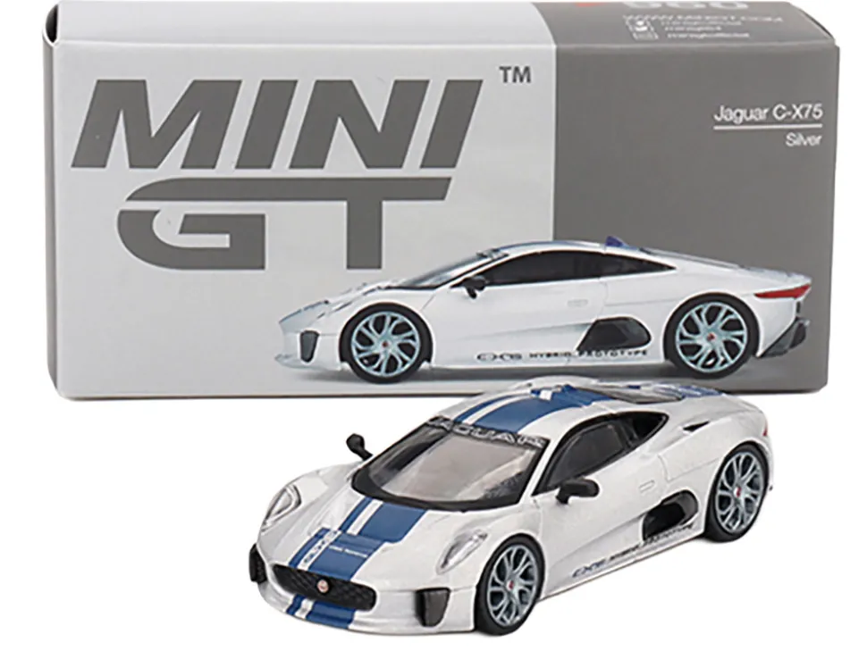 Jaguar C-X75 Silver Metallic with Blue Stripes Limited Edition 1/64 Diecast Model Car by Mini GT