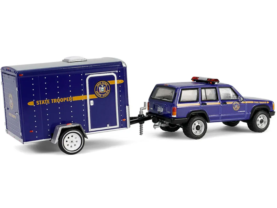 2001 Jeep Cherokee "New York State Police" Blue with Yellow Stripes and Small Cargo Trailer "Hot Pursuit Hitch & Tow" Series 1 1/64 Diecast Model Cars by Greenlight