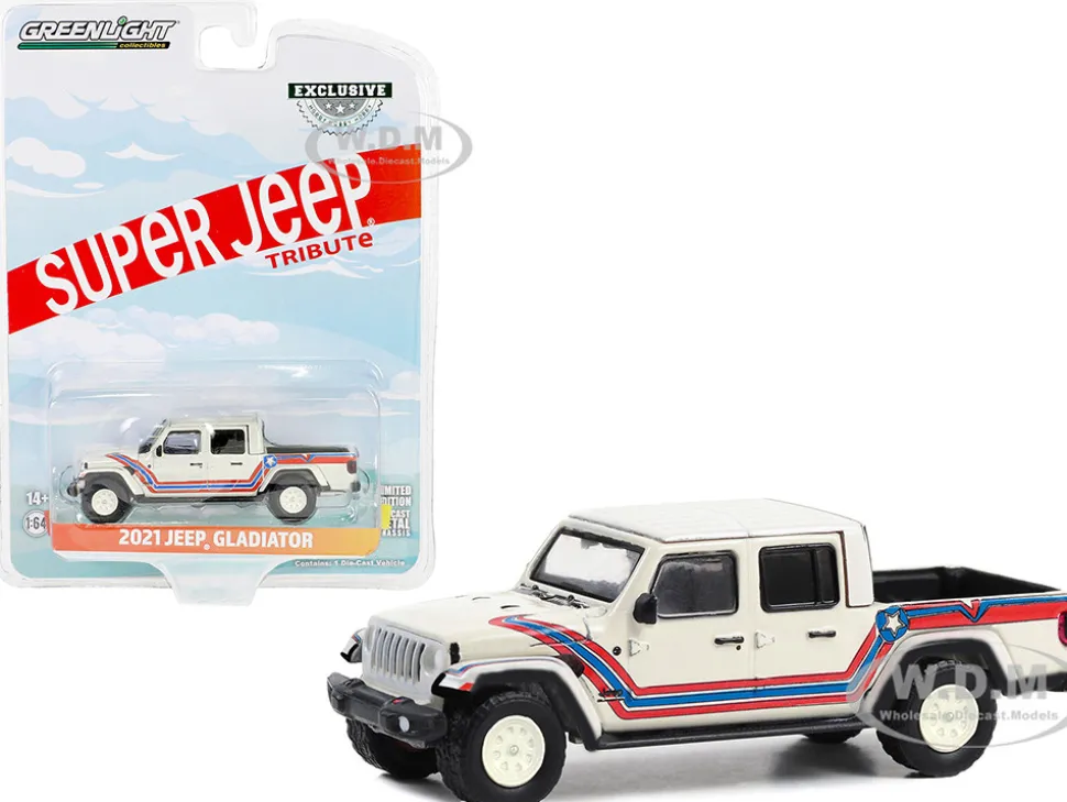 2021 Jeep Gladiator Pickup Truck Super Jeep Tribute White with Red and Blue Stripes Hobby Exclusive Series 1/64 Diecast Model Car Greenlight 30382