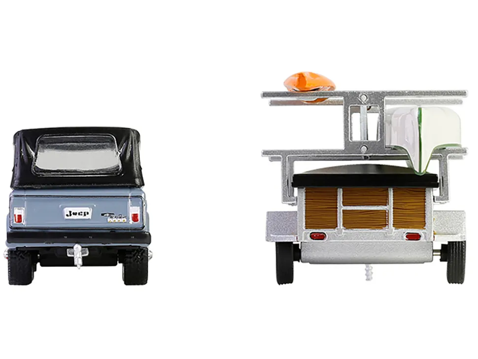 1968 Jeep Jeepster Commando SC-1 Gray with Black Stripes and Top with Canoe Trailer, Canoe Rack, Canoe and Kayak "Hitch & Tow" Series 32 1/64 Diecast Model Cars by Greenlight