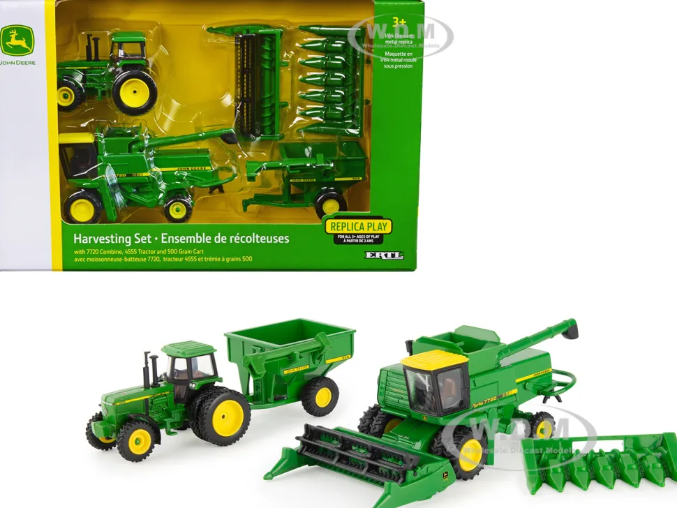 John Deere Harvesting Set 3 pieces 7720 Combine 4555 Tractor 500 Grain Cart 1/64 Diecast Models ERTL TOMY 45821