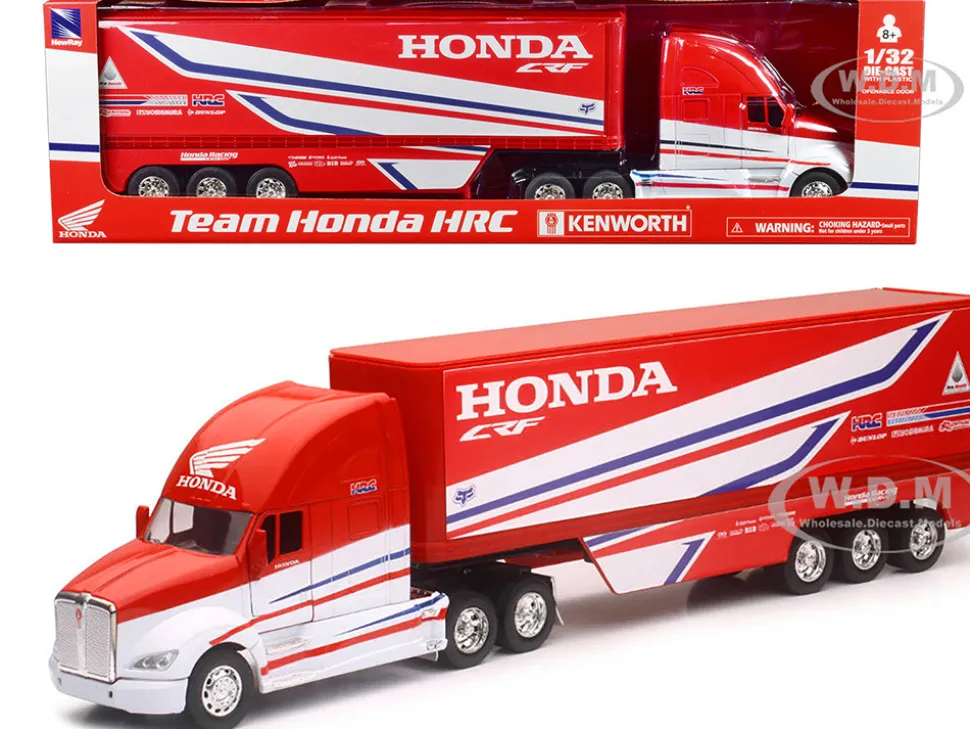 Kenworth Semi Truck Red and White Team Honda HRC 1/32 Diecast Model New Ray NR10893