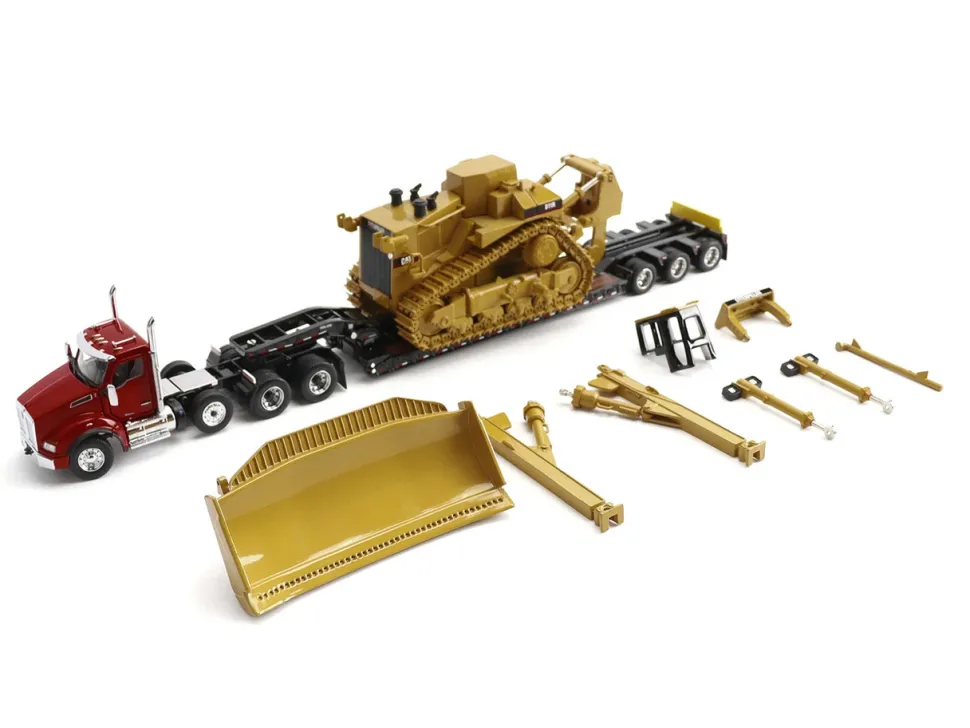 Kenworth T880 Day Cab Red and Trail King TK120 Lowboy Trailer with CAT Caterpillar D11R Dozer and Components Load "Transport Series" 1/50 Diecast Model by Diecast Masters