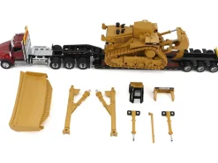 Kenworth T880 Day Cab Red and Trail King TK120 Lowboy Trailer with CAT Caterpillar D11R Dozer and Components Load
