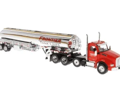 Kenworth T880 SBFA Tandem Day Cab Truck Pusher Axle Heil FD9300/DT-C4 Petroleum Tanker Trailer Frontier Tank Lines Red Chrome Transport Series Limited Edition 500 pieces Worldwide 1/50 Diecast Model Diecast Masters 64190