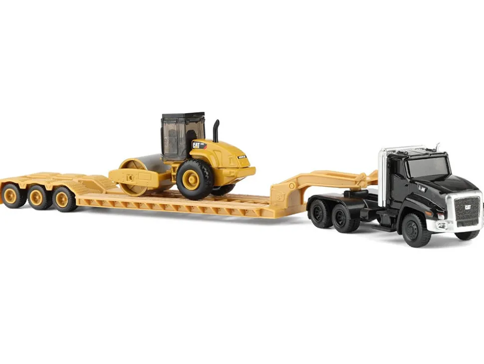 Kenworth T880 Tractor Black with Lowboy Trailer and CAT Roller Yellow 1/87 (HO) Diecast Model by Diecast Masters