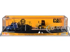 Kenworth T880 Tractor Blue Metallic with Lowboy Trailer and CAT Padfoot Roller Yellow 1/87 (HO) Diecast Model by Diecast Masters