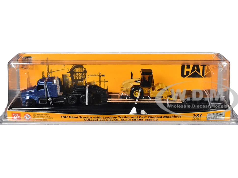 Kenworth T880 Tractor Blue Metallic with Lowboy Trailer and CAT Padfoot Roller Yellow 1/87 (HO) Diecast Model by Diecast Masters