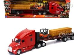 Kenworth T680 Truck Red and Flatbed Trailer with Forklift and Hay Load