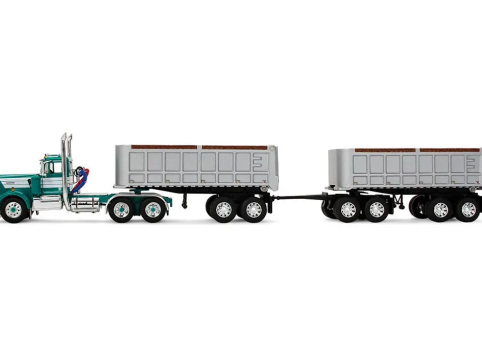 Kenworth W900A Day Cab with 22' Dual End Dump Trailers Turquoise with White Stripes 1/64 Diecast Model by DCP/First Gear
