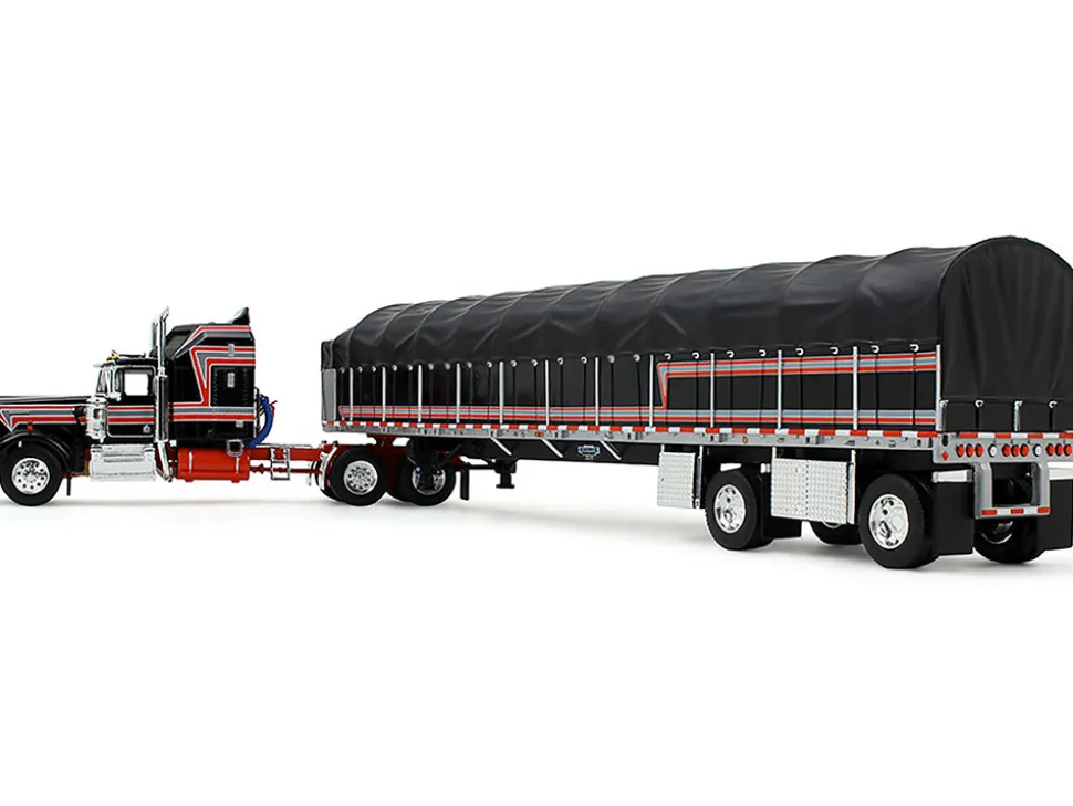 Kenworth W900A with 60" Aerodyne Sleeper and 53’ Wilson Roadbrute Flatbed Trailer with Covered Wagon Black with Red Stripes 1/64 Diecast Model by DCP/First Gear