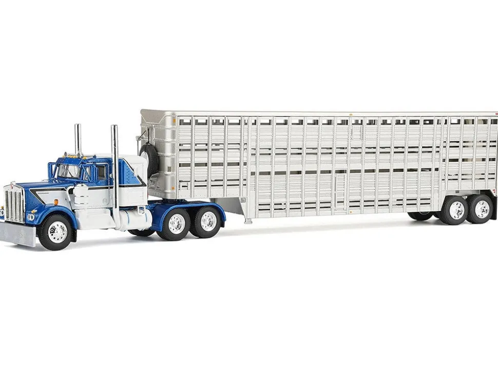 Kenworth W900A with 36" Sleeper and 45' Wilson Vintage Livestock Trailer Mariner Blue and White with Silver Trailer 1/64 Diecast Model by DCP/First Gear