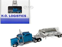 Kenworth W900L Truck Tractor with Sleeper Cab Blue Metallic and Pneumatic Tank Trailer Combo Set 1/87 (HO) Plastic Model Car by HO Logistics