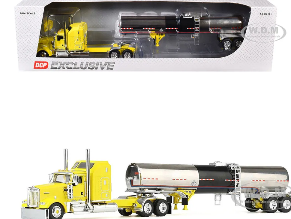 Kenworth W900L with 60" Aerodyne Sleeper and Brenner Tank Trailer "Double C Transport" Yellow 1/64 Diecast Model by DCP/First Gear