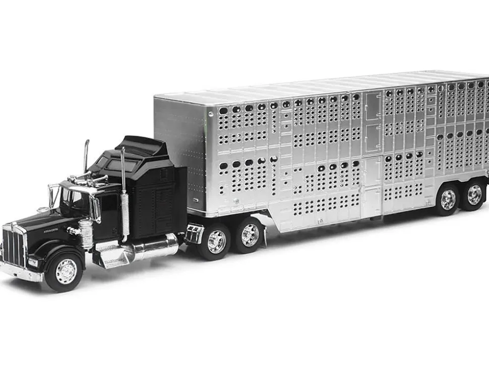 Kenworth W900 Truck Black with Pot Belly Livestock Chrome "Long Haul Truckers" Series 1/32 Diecast Model by New Ray