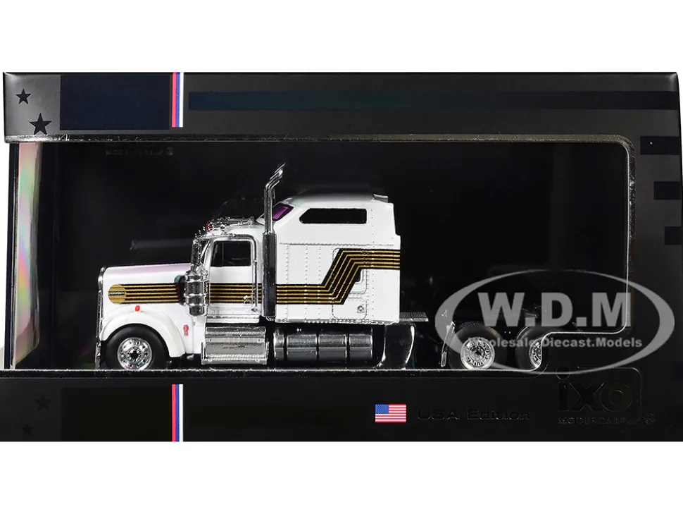 1995 Kenworth W900 Truck Tractor White with Black and Gold Stripes 1/64 Diecast Model by IXO Models