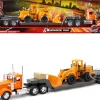 Kenworth W900 Truck with Lowboy Trailer Orange and Wheel Loader Yellow Long Haul Trucker Series 1/32 Diecast Model New Ray 10623
