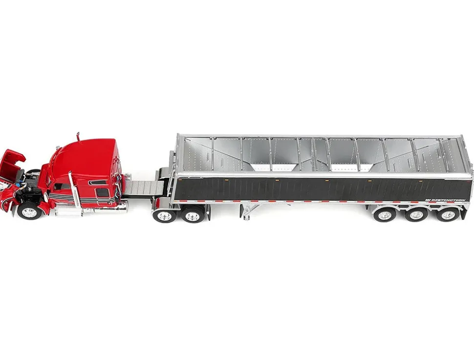 Kenworth W990 with 76" Mid-Roof Sleeper and Lode King Distinction Hopper Trailer Red and Black 1/64 Diecast Model by DCP/First Gear
