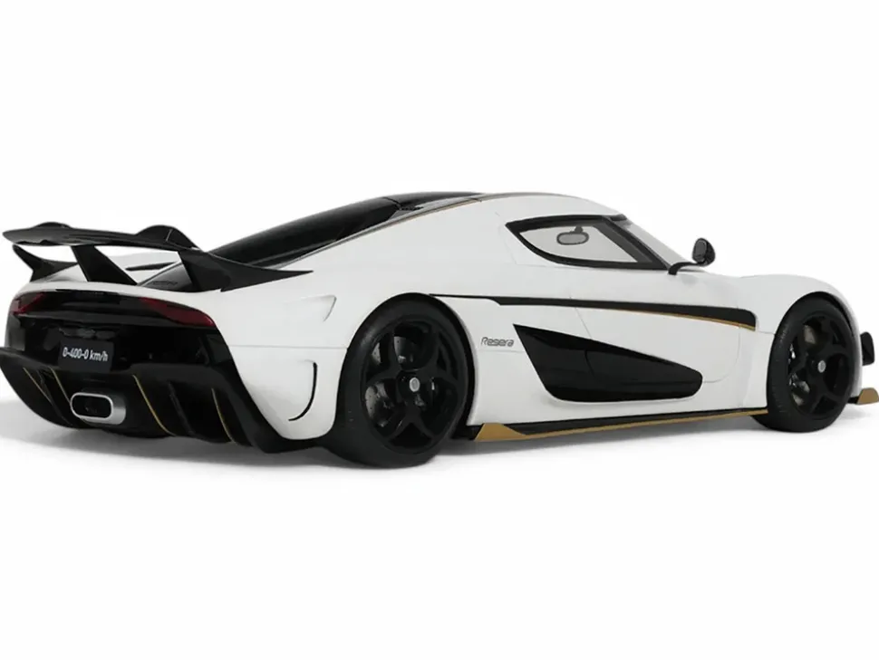 2023 Koenigsegg Regera White with Black Stripes 1/18 Model Car by GT Spirit