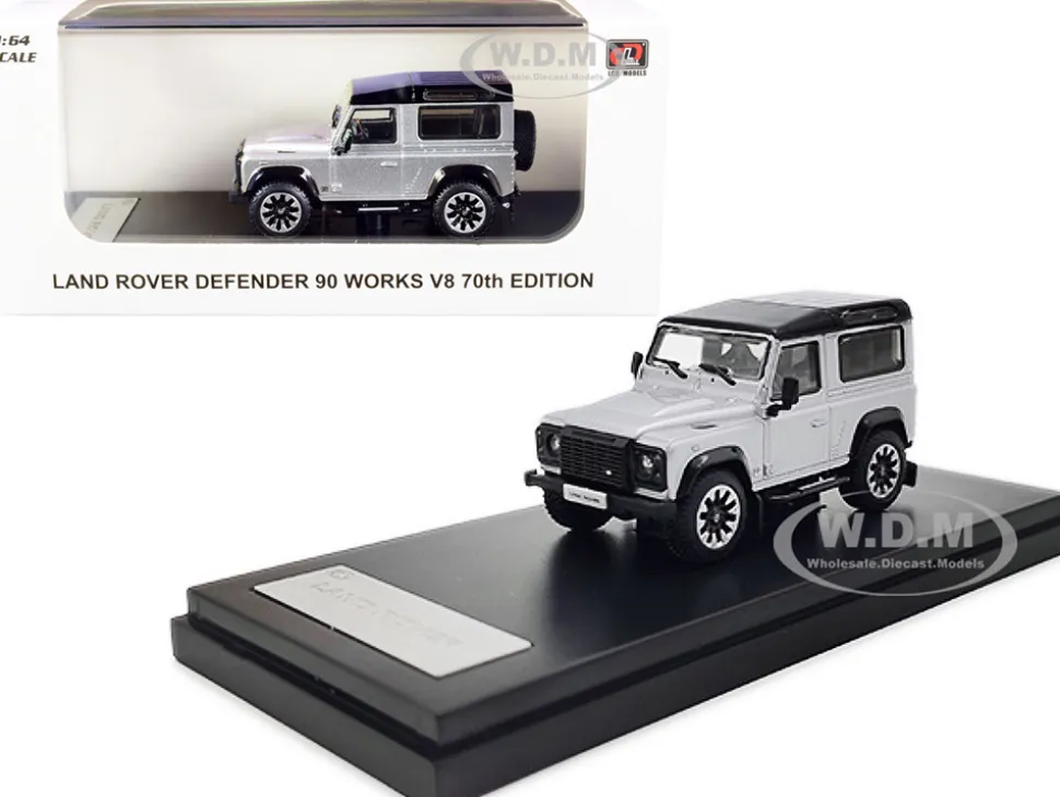 Land Rover Defender 90 Works V8 Silver Metallic Black Top 70th Edition 1/64 Diecast Model Car LCD Models LCD64016