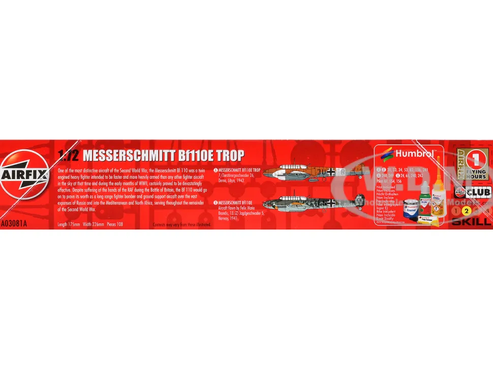 Level 2 Model Kit Messerschmitt Bf110E/E-2 TROP Fighter Aircraft with 2 Scheme Options 1/72 Plastic Model Kit by Airfix