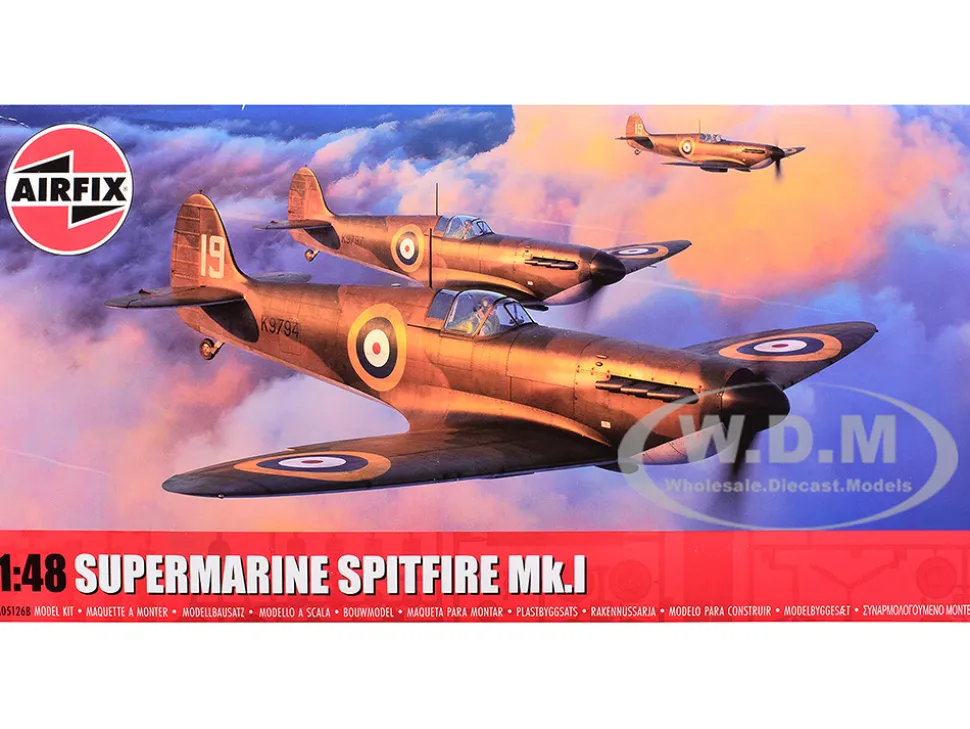 Level 2 Model Kit Supermarine Spitfire Mk.I Fighter Aircraft with 3 Scheme Options 1/48 Plastic Model Kit by Airfix