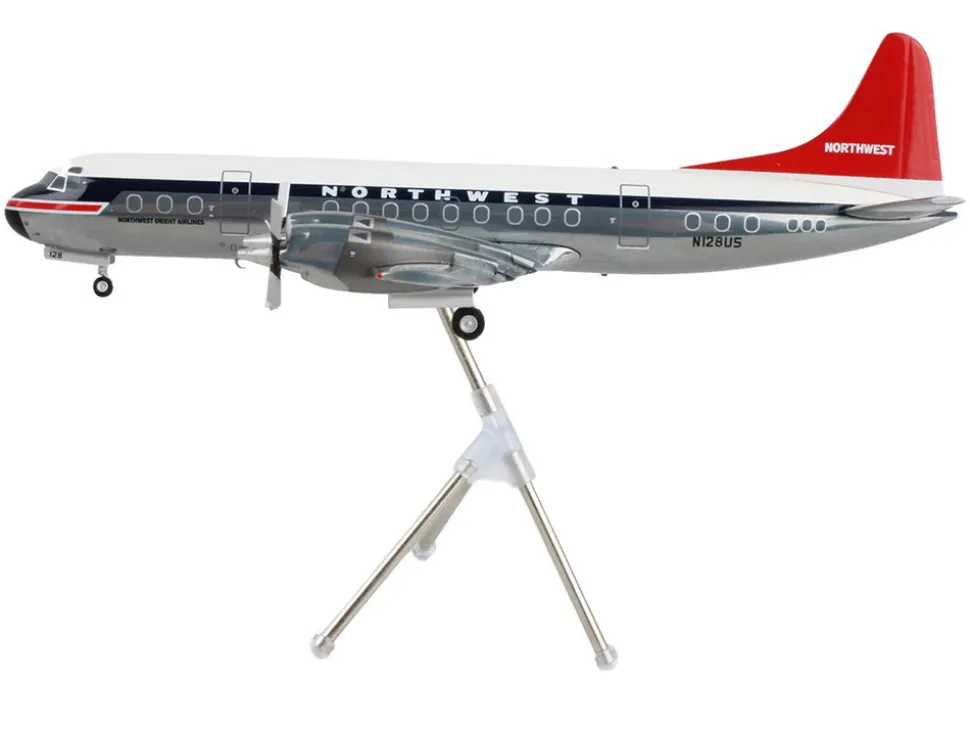 Lockheed L-188 Electra Commercial Aircraft "Northwest Orient" (N128US) White and Gray with Blue Stripes and Red Tail "Gemini 200" Series 1/200 Diecast Model Airplane by GeminiJets
