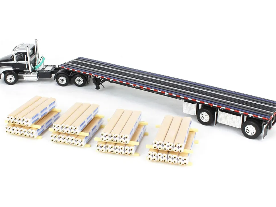 Mack Pinnacle Day Cab with Minimizer Parts & 53' Wilson Roadbrute Flatbed Trailer with "Carlisle Roofing" Loaded Pallets Black with Silver Top and Stripes 1/64 Diecast Model by DCP/First Gear