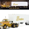 Mack R-Model Day Cab and 40' Vintage Trailer Yellow with Red Stripes and White Top "Mack Anniversary" 1/64 Diecast Model by DCP/First Gear