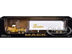 Mack R-Model Day Cab and 40' Vintage Trailer Yellow with Red Stripes and White Top