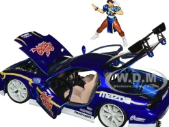 1993 Mazda RX-7 Candy Blue Metallic with Graphics and Chun-Li Diecast Figure Street Fighter Video Game Anime Hollywood Rides Series 1/24 Diecast Model Car Jada 30838