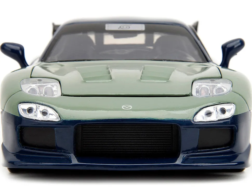 1993 Mazda RX 7 Dark Blue with Green Hood and Kakashi Hatake Diecast Figure Naruto Shippuden 2009 2017 TV Series Anime Hollywood Rides Series 1/24 Diecast Model Car Jada 34370