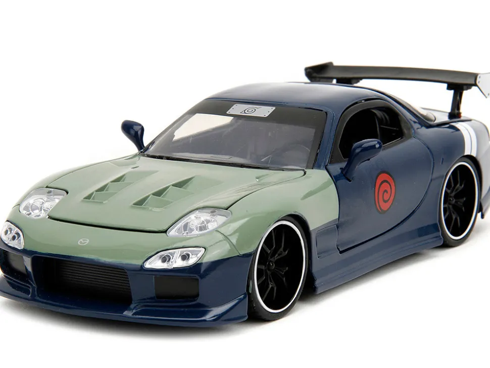 1993 Mazda RX 7 Dark Blue with Green Hood and Kakashi Hatake Diecast Figure Naruto Shippuden 2009 2017 TV Series Anime Hollywood Rides Series 1/24 Diecast Model Car Jada 34370