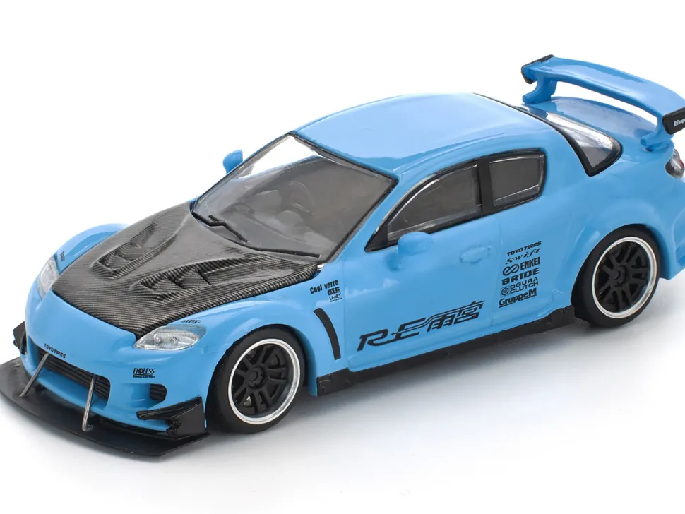 Mazda RX8 RE-Amemiya Widebody RHD (Right Hand Drive) Light Blue with Carbon Hood 1/64 Diecast Model Car by Pop Race