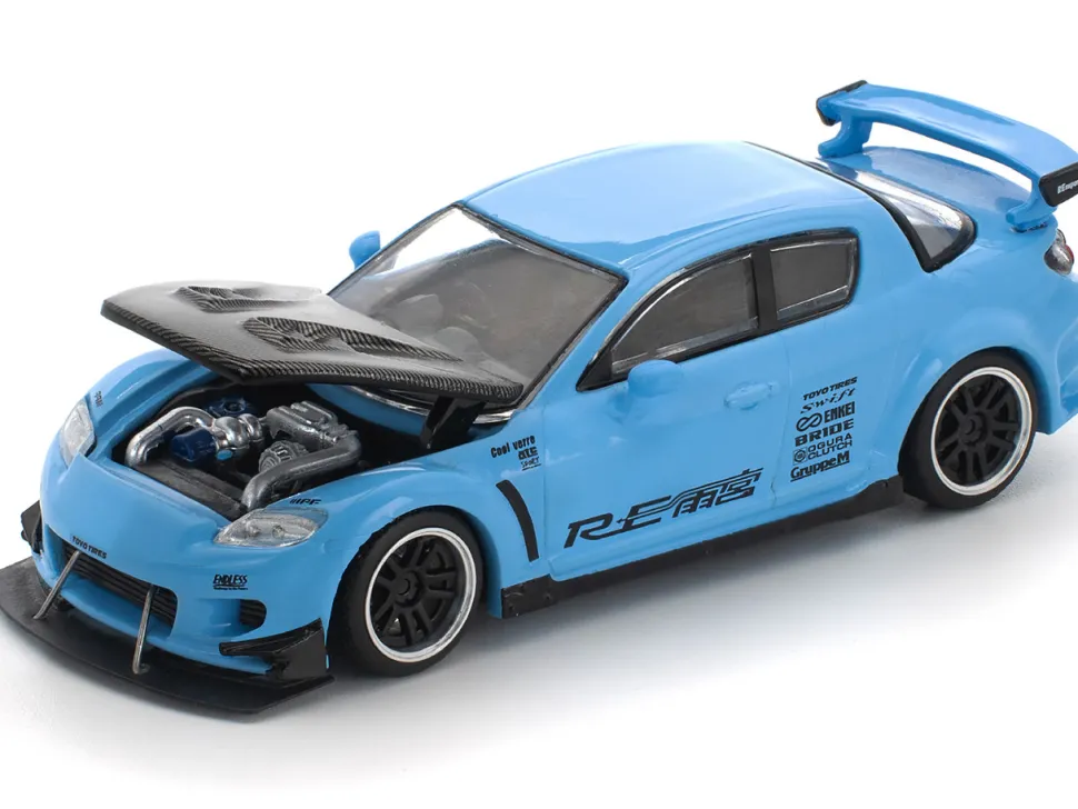 Mazda RX8 RE-Amemiya Widebody RHD (Right Hand Drive) Light Blue with Carbon Hood 1/64 Diecast Model Car by Pop Race