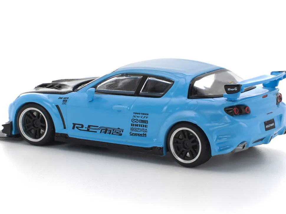 Mazda RX8 RE-Amemiya Widebody RHD (Right Hand Drive) Light Blue with Carbon Hood 1/64 Diecast Model Car by Pop Race