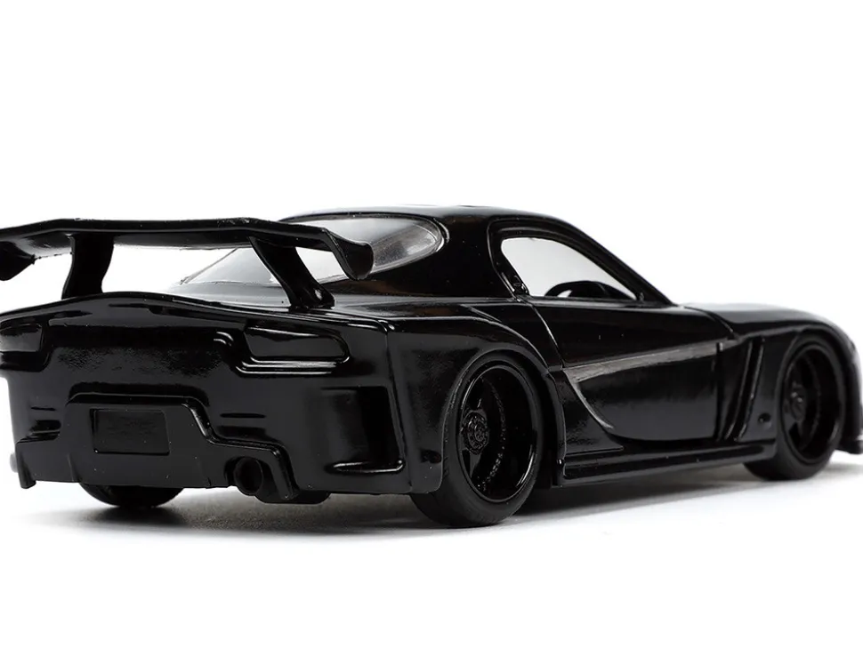 1995 Mazda RX 7 RHD Right Hand Drive Black and Black Panther Diecast Figure The Avengers Hollywood Rides Series 1/32 Diecast Model Car Jada 33078