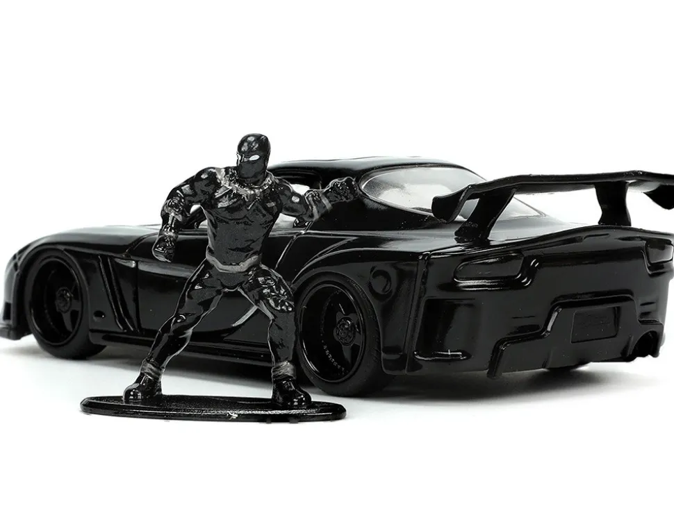 1995 Mazda RX 7 RHD Right Hand Drive Black and Black Panther Diecast Figure The Avengers Hollywood Rides Series 1/32 Diecast Model Car Jada 33078