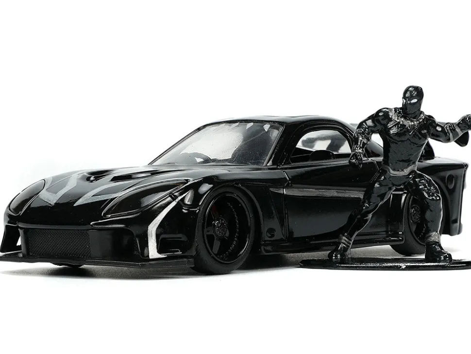1995 Mazda RX 7 RHD Right Hand Drive Black and Black Panther Diecast Figure The Avengers Hollywood Rides Series 1/32 Diecast Model Car Jada 33078