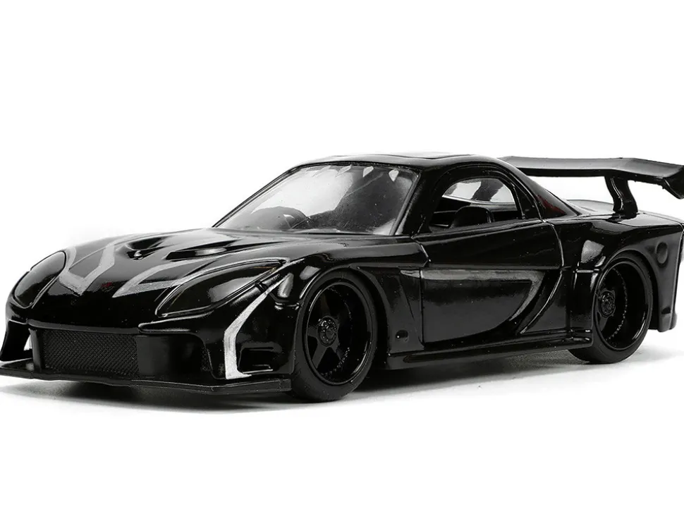 1995 Mazda RX 7 RHD Right Hand Drive Black and Black Panther Diecast Figure The Avengers Hollywood Rides Series 1/32 Diecast Model Car Jada 33078
