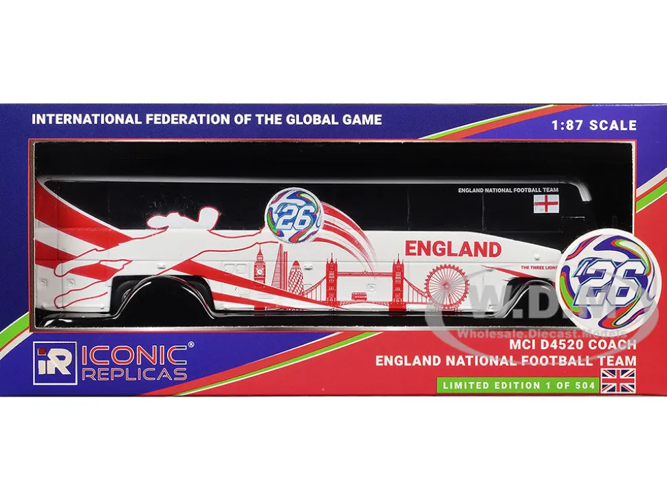 MCI D4520 Coach Bus "England National Football Team" White with Graphics "International Federation of the Global Game" Series Limited Edition to 504 pieces Worldwide 1/87 (HO) Diecast Model by Iconic Replicas