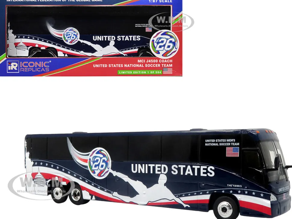 MCI J4500 Coach Bus "United States National Soccer Team" Dark Blue with Graphics "International Federation of the Global Game" Series Limited Edition to 504 pieces Worldwide 1/87 (HO) Diecast Model by Iconic Replicas